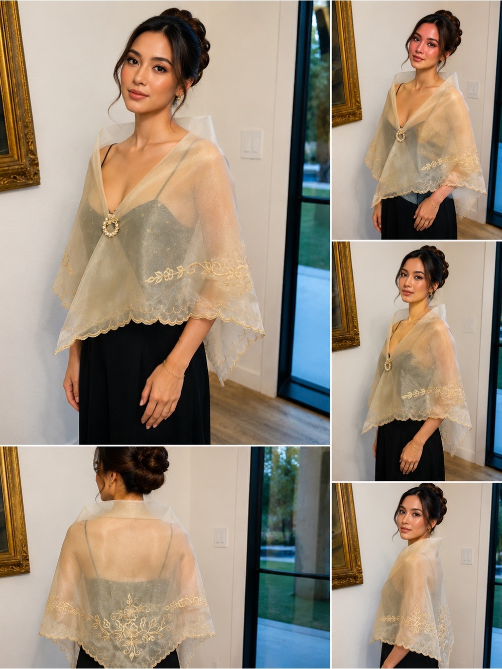 Filipiniana Sheer Ivory Clear Embroidered Alampay. No brooch included.